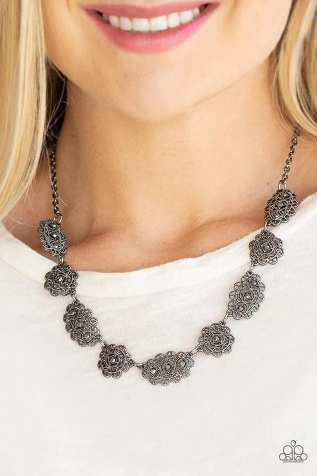 Black filigree gunmetal rhinestones